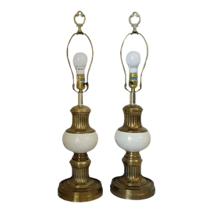 Pair of Mid-Century Modern Vintage Brass Matte Beige Ceramic Round Base Alsy Table Lamps
