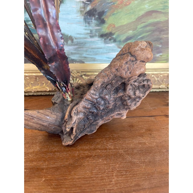 Copper Mid-Century Curtis Jere Style Brutalist Cattail Sculpture in Welded Copper and Brass Toned Metals on Driftwood Base. For Sale - Image 8 of 10