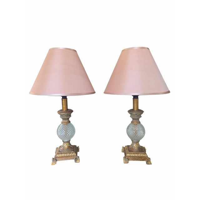 Hollywood Regency Gilded Gold and Faux Crystal Lamps With Pink Lampshades- A Pair For Sale - Image 4 of 18