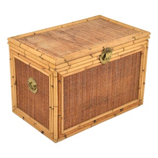 1970s Rattan and Cane Chest with Brass Hardware For Sale