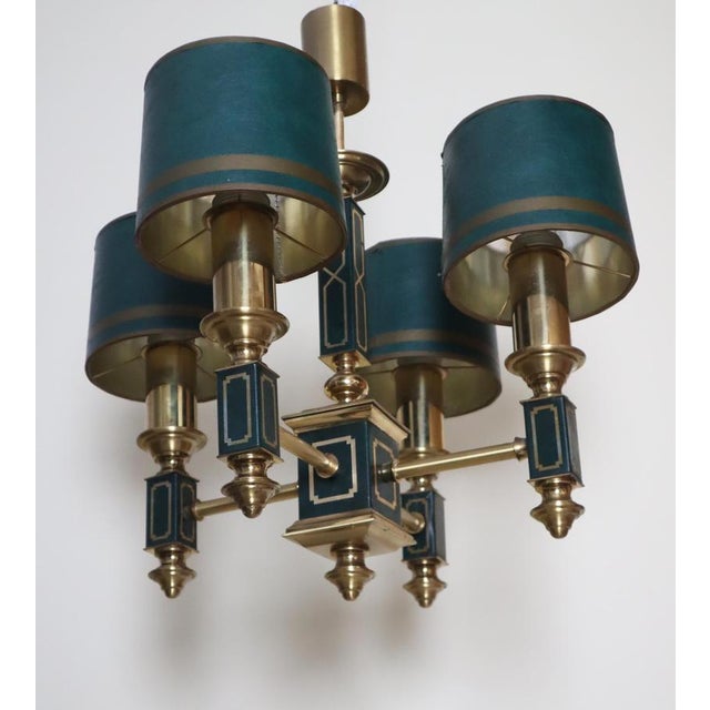 Empire Dark Green Leather and Brass Four-Arm Chandelier, France, 1960s For Sale - Image 11 of 18