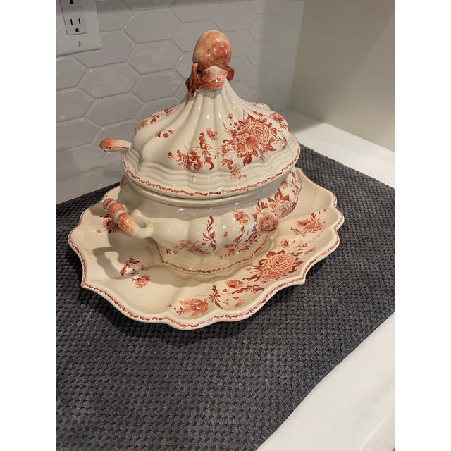 Pretty large Italian hand painted soup tureen with matching underplate and ladle. This tureen was made in Nove, Italy and...