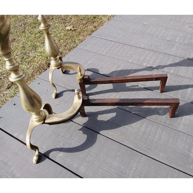 Brass Pair of Antique Brass Federal Fireplace Andirons With Spiral Twist Flames With Log Holders For Sale - Image 8 of 12