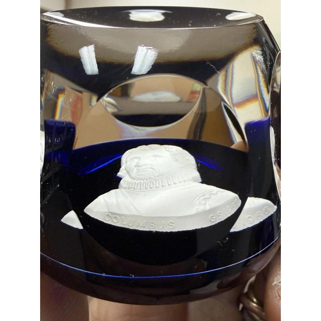 Late 20th Century Cristal d'Albret France Christopher Columbus Sulphide Paperweight Faceted Blue For Sale - Image 4 of 7