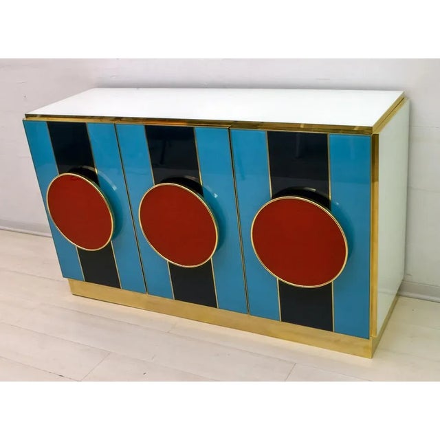 Postmodern Italian Sideboard in Colored Glass and Brass, 1980s For Sale - Image 4 of 13