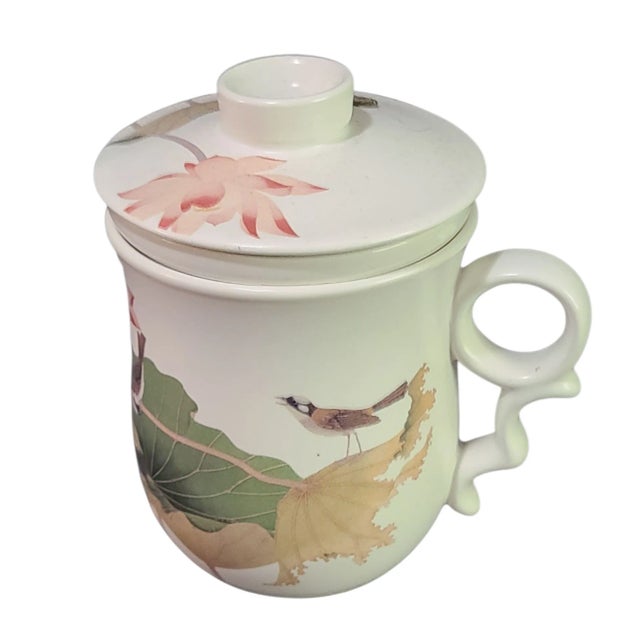 Ceramic Vintage Tea Cup With Infuser & Lid Painted Lily Pod Bird Lotus Flower by Chang Hsitsun Design For Sale - Image 7 of 7