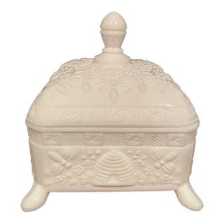 1970s Beehive and Bee Design Indiana Milk Glass Tiara Splay Footed Candy Dish With Lid For Sale