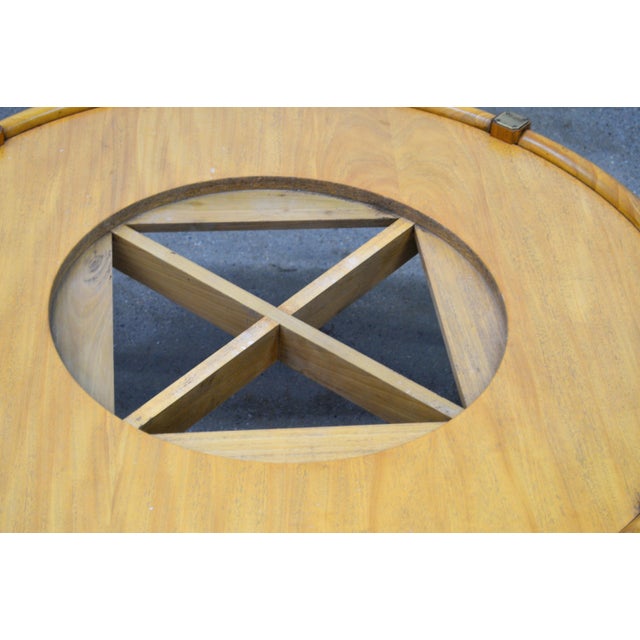 Chestnut 1960s Mid Century Modern Wood Italian Travertine Insert Brass Trim Round Coffee Table For Sale - Image 8 of 9