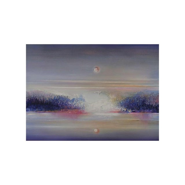 A serene evening descends over a quiet expanse of water. This oil painting captures a moment of absolute stillness. The...