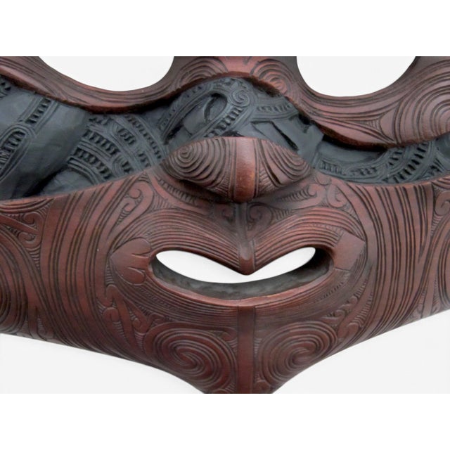 Late 20th Century John Collins Maori New Zealand Ta Moko Carved Wood Whaikairo Rakau Mask For Sale - Image 5 of 15