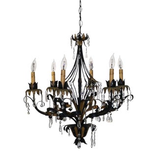 Vintage Ebonized & Gold Gilt Six-Light Foliate Form Crystal Chandelier C1940 For Sale