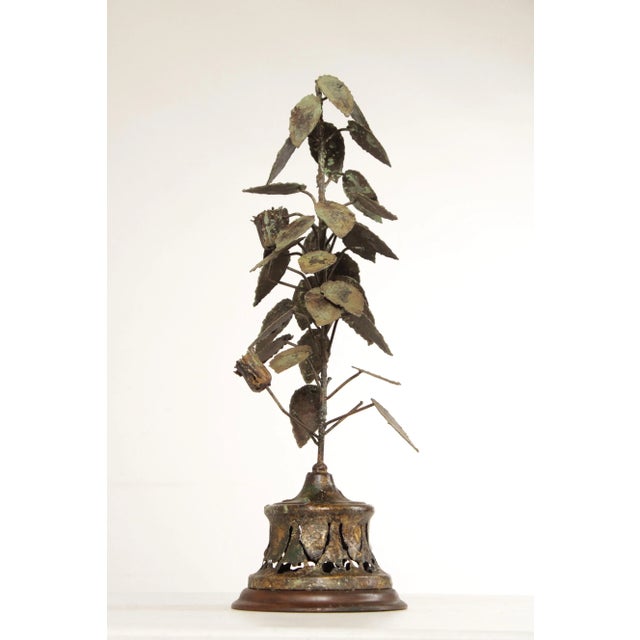 Vintage Mid Century Sculpture of Floral and Foliate Leaf Form Metal Plant on Wood Base, Weathered Patina
