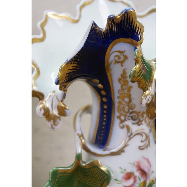 Ceramic Pair Antique Old Paris Hand Painted Cobalt Blue Gilt Gold Floral Porcelain Vases For Sale - Image 7 of 18