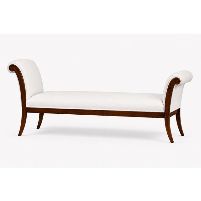 Mid century Klismos chaise lounge . Walnut frame. White Boucle fabric. Custom made by our shop . Chaise is in like new...