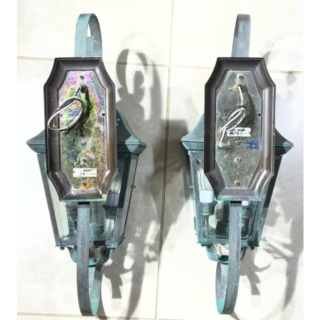 Pair of Vintage Solid Brass Outdoor Wall Lanterns - 22”h X 7”.5 W X 7”.5 D For Sale - Image 11 of 15