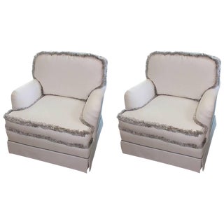 English White & Silver Fringe Club Chairs - A Pair For Sale