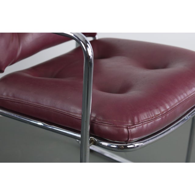 1970s Mid Century Modern Lounge Chairs in Tubular Chrome and Rich Oxblood Faux Leather - a Pair For Sale - Image 5 of 10