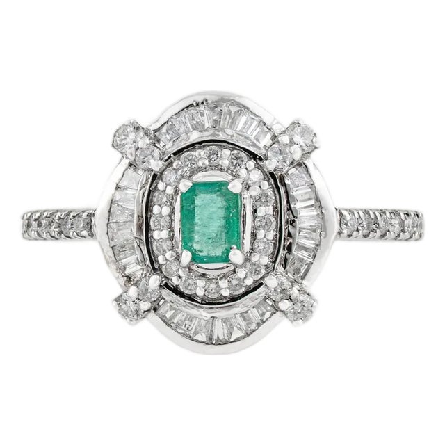 Art Deco Emerald & Baguette Diamonds Target Halo Ring in 14k White Gold Size 9 For Sale