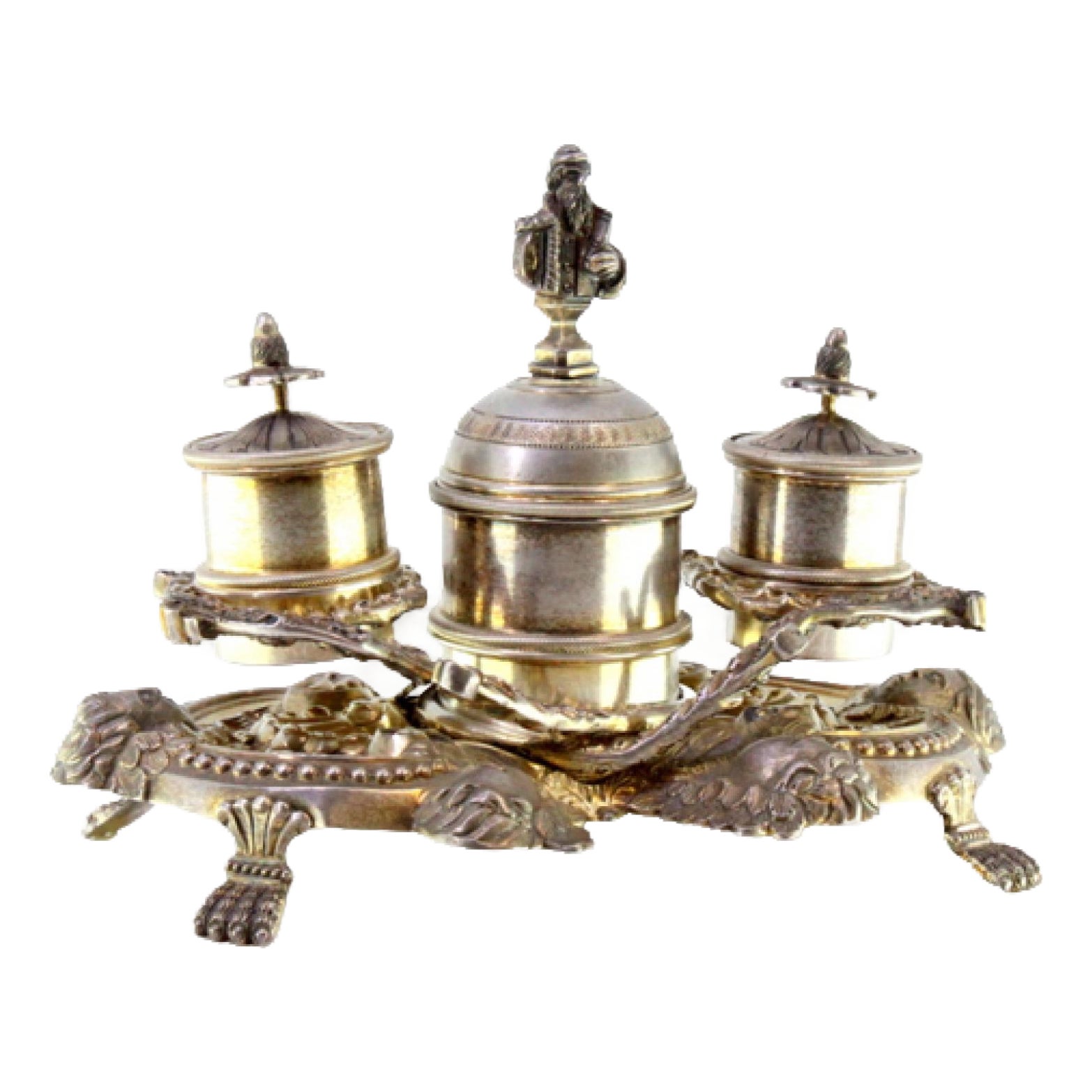 Silver Inkwell with Tanks, Bell with Reliefs, Applications and Claw ...