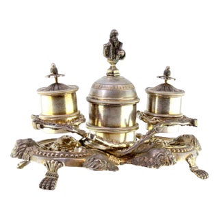 Silver Inkwell with Tanks, Bell with Reliefs, Applications and Claw-Shaped Feet For Sale