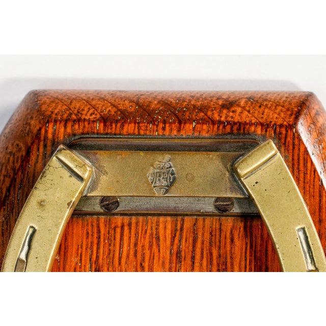 Lovely English Victorian Antique Brass Desk Clip Equestrian Horseshoe Wood Shield For Sale - Image 4 of 10