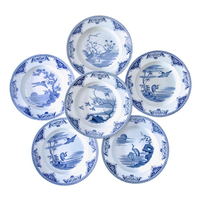 19th Century French Japanese Collection Plates with Birds from Gien, Set of 6 For Sale