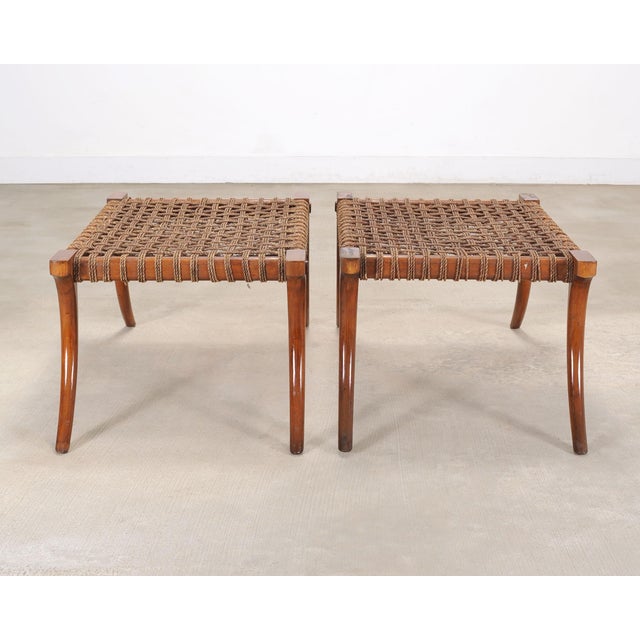 Coffee Pair of Robsjohn-Gibbings Style Walnut Klismos Rope Benches For Sale - Image 8 of 18