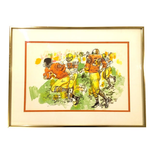 Vintage Don Bloom Watercolor Painting, Football Scene, Artist Signed and Framed For Sale