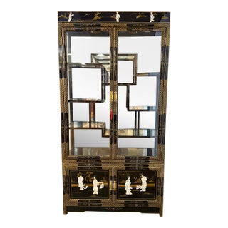 Chinese Chinoiserie Style Black Lacquer and Mother-of-Pearl China Display Cabinet For Sale