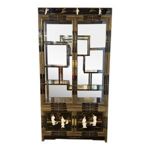 Chinese Chinoiserie Style Black Lacquer and Mother-of-Pearl China Display Cabinet