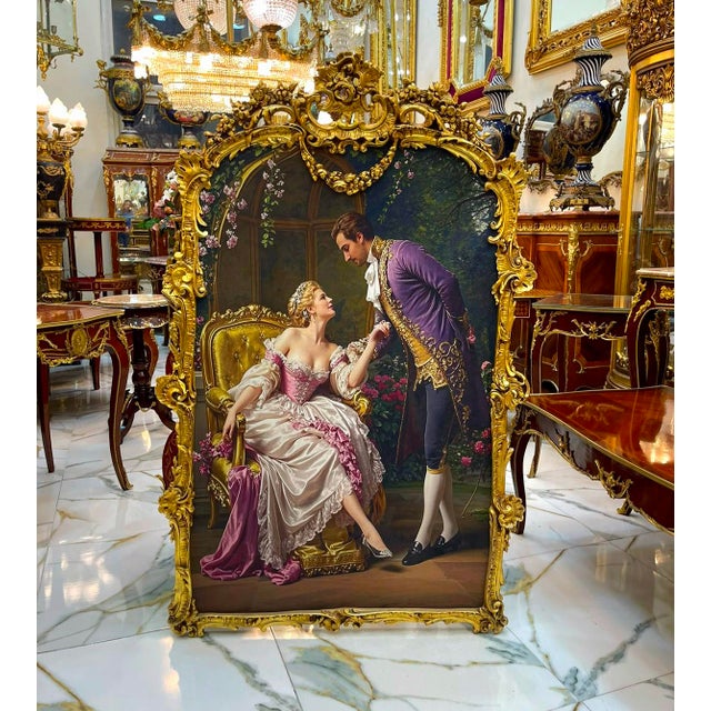 French French Romantic Couple Painting – Ornate Hand-Gilded Gold Leaf Frame & Elegant Vintage Artwork For Sale - Image 3 of 3
