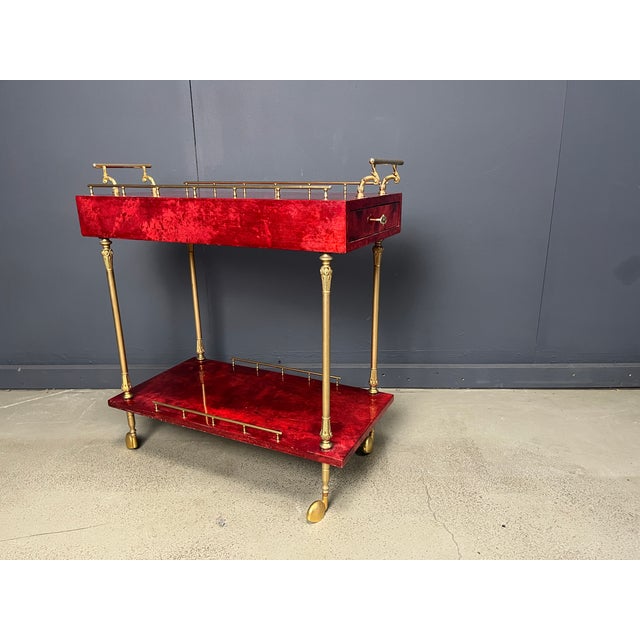 1960s Italian Lacquered Goatskin and Parchment Serving Bar Cart from Aldo Tura, 1960s For Sale - Image 5 of 9