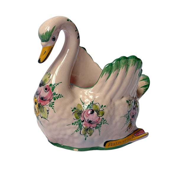 This is a charming vintage Portuguese ceramic swan cachepot dating to approximately the 1970s. The whimsical sculptural...