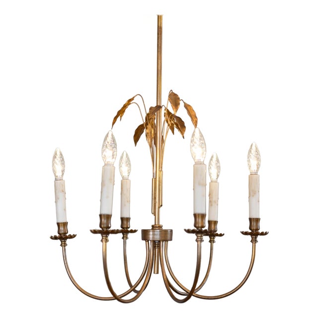 Mid 20th Century French Gilt Metal Maison Charles Inspired Six-Light Chandelier with Swoop Arms For Sale
