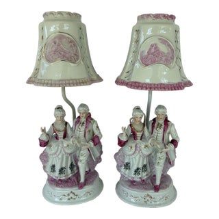 Vintage Rococo Revival Porcelain Figurine Table Lamps – Romantic Couple, Pair For Sale