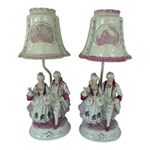 Vintage Rococo Revival Porcelain Figurine Table Lamps – Romantic Couple, Pair