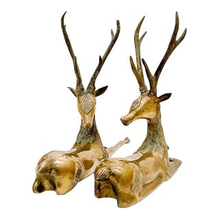 1940s Solid Brass Reclining Stags or Reindeers - a Pair For Sale