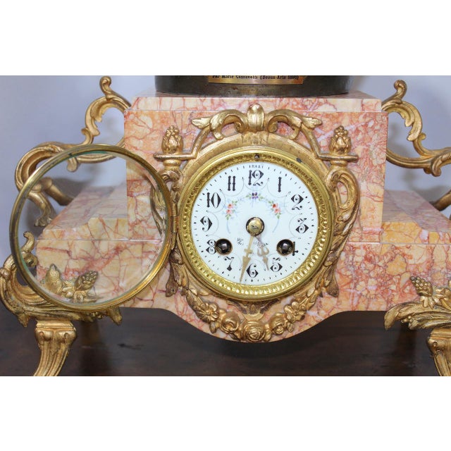 Antique French 1896 “Amour Irresistible” Angel Statue Pink Marble 3-Piece Clock Set For Sale - Image 15 of 17