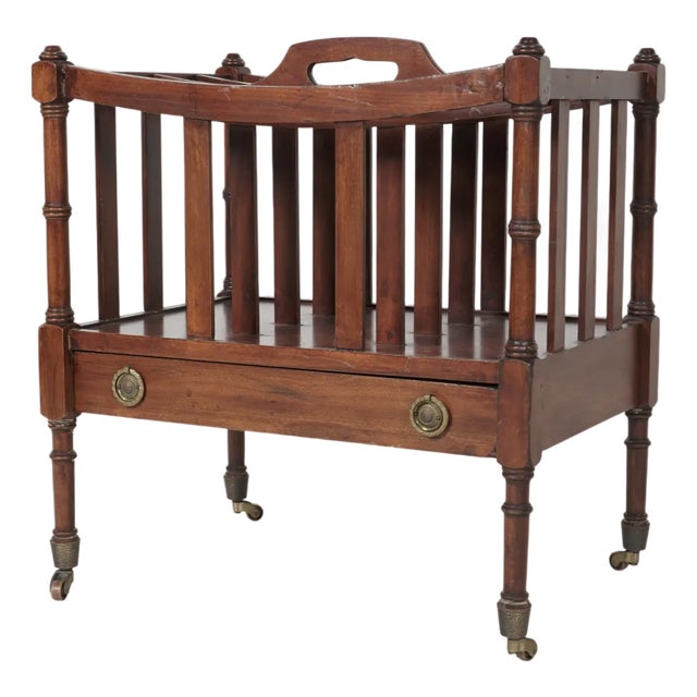 English Regency Revival Mahogany Canterbury Magazine Rack With Drawer & Brass Casters, Circa 1900–1920 For Sale