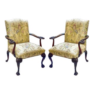 Mid-Century Georgian Style Carved Fruitwood Bergere Chairs W/ Eagle - Pair For Sale