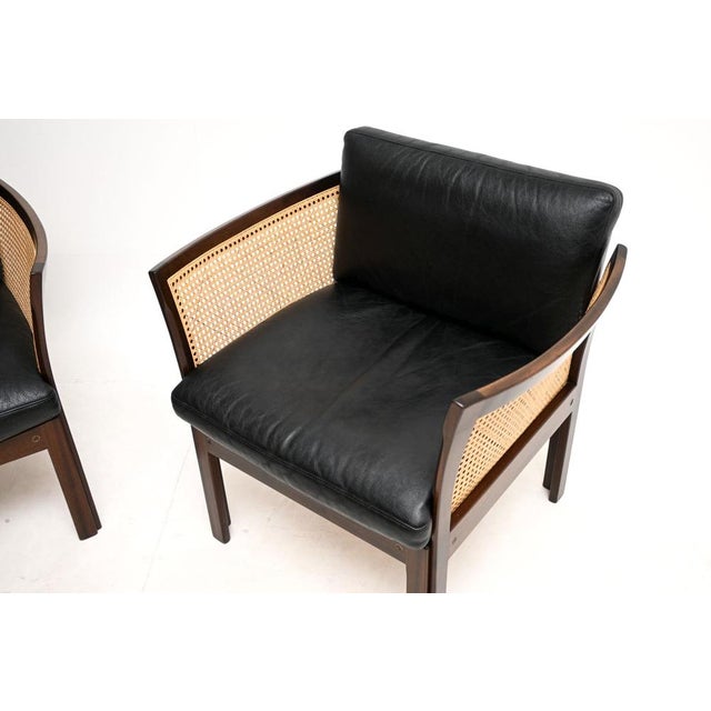 Black Vintage Danish Leather and Cane Chairs by Illum Wikkelso for CFC Silkeborg, 1960, Set of 2 For Sale - Image 8 of 11