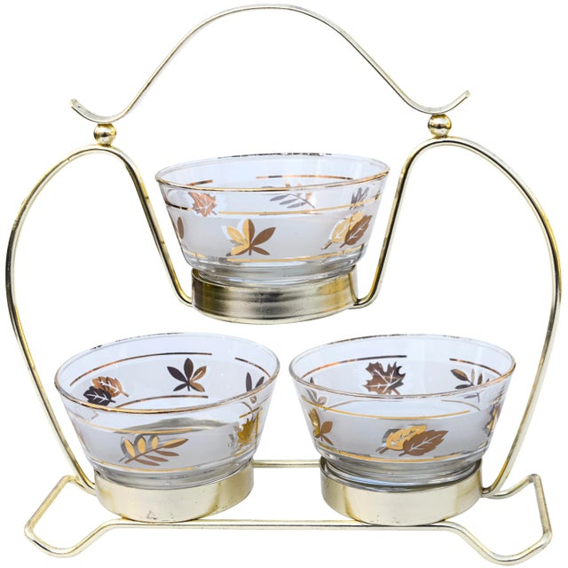 Vintage Golden Leaf-Patterned Frosted Glass Bowls With Caddy - 4 Pieces For Sale - Image 4 of 8