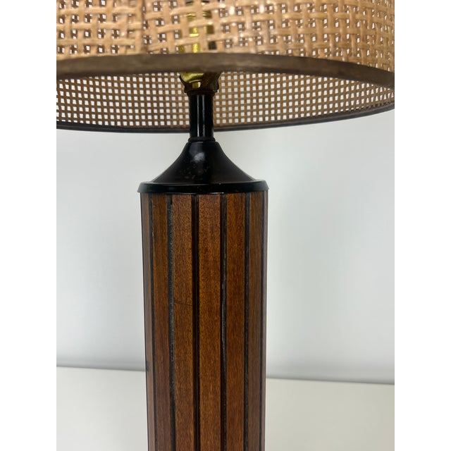 Mid-Century Modern Gruvwood Walnut Table Lamp With Cane Shade For Sale - Image 6 of 8