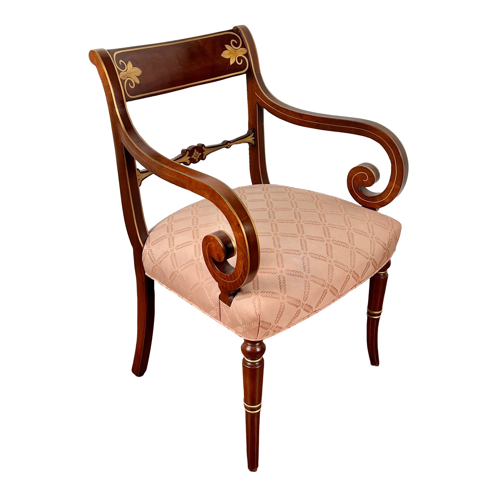 2000s Hickory Chair Cherry With Gold Accents Scroll Arm Accent Chair