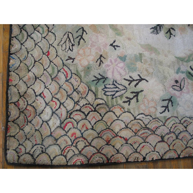 1920s Ivory Floral Folk Art American Hooked Rug Gallery Rug 6' X 12' Handknotted Wool Carpet For Sale In New York - Image 6 of 6