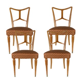 Wood and Fabric Dining Chairs, Italy, 1950s, Set of 4 For Sale