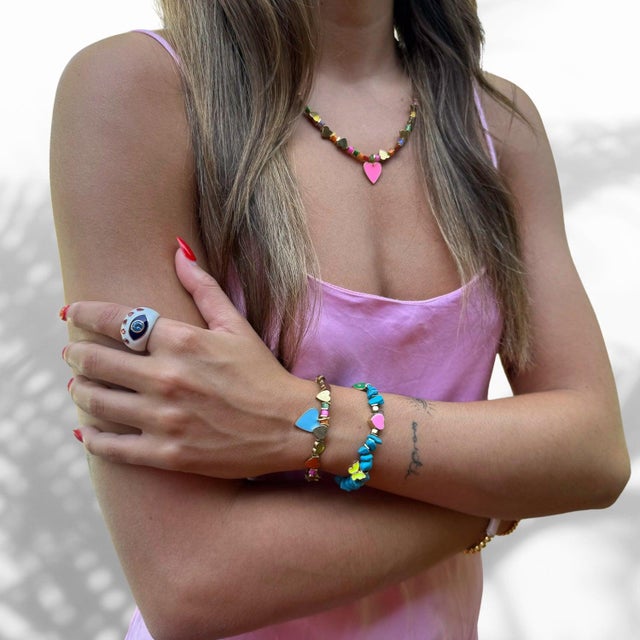 Contemporary Guardian Blue Topaz & Ruby Evil Eye White Enamel Adjustable Ring Size For Sale - Image 3 of 8