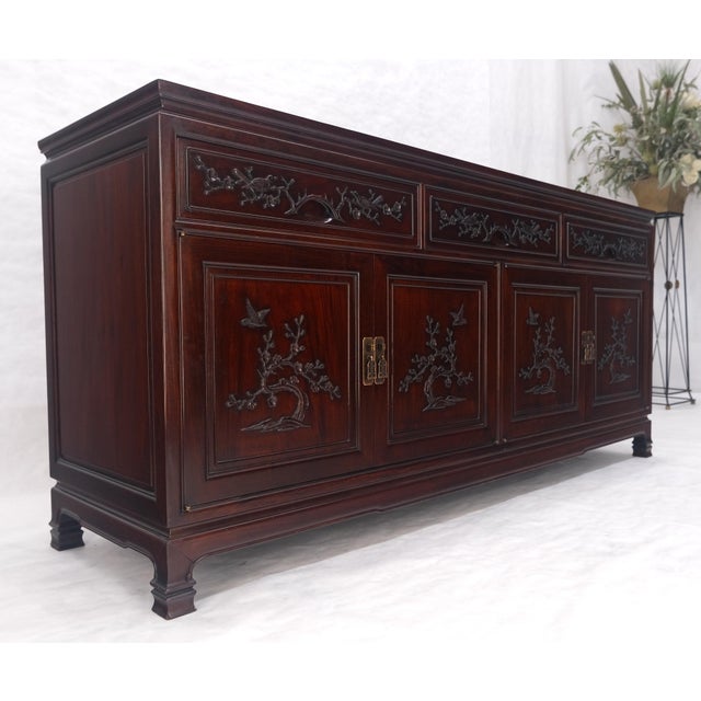 Drexel Asian Mid Century Modern Carved 4 Doors 3 Drawers Credenza Dark Solid Teak MINT For Sale - Image 4 of 16