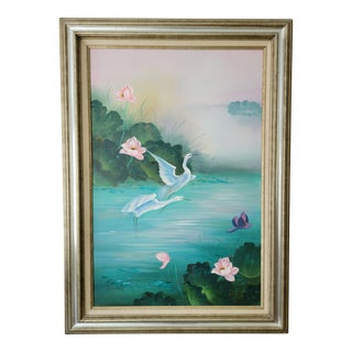 Mid 20th Century Vintage Cranes Painting Signed by Linda, Framed For Sale