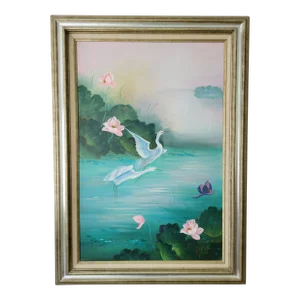 Mid 20th Century Vintage Cranes Painting Signed by Linda, Framed